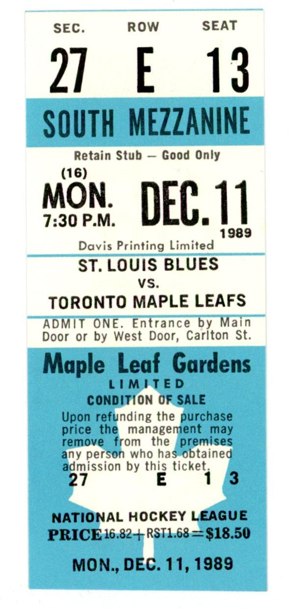 St. Louis Blues vs. Toronto Maple Leafs Unused Full Ticket Maple Leaf Gardens (Toronto, December 1989)