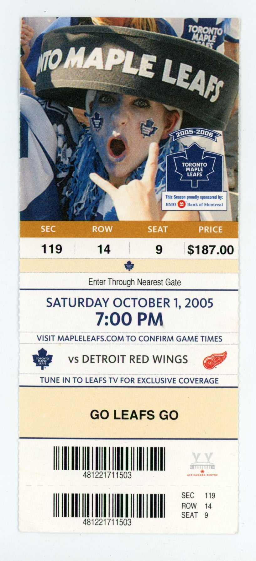 Toronto Maple Leafs vs. Detroit Red Wings Vintage Ticket Stub Air Canada Centre (Toronto, 2005)