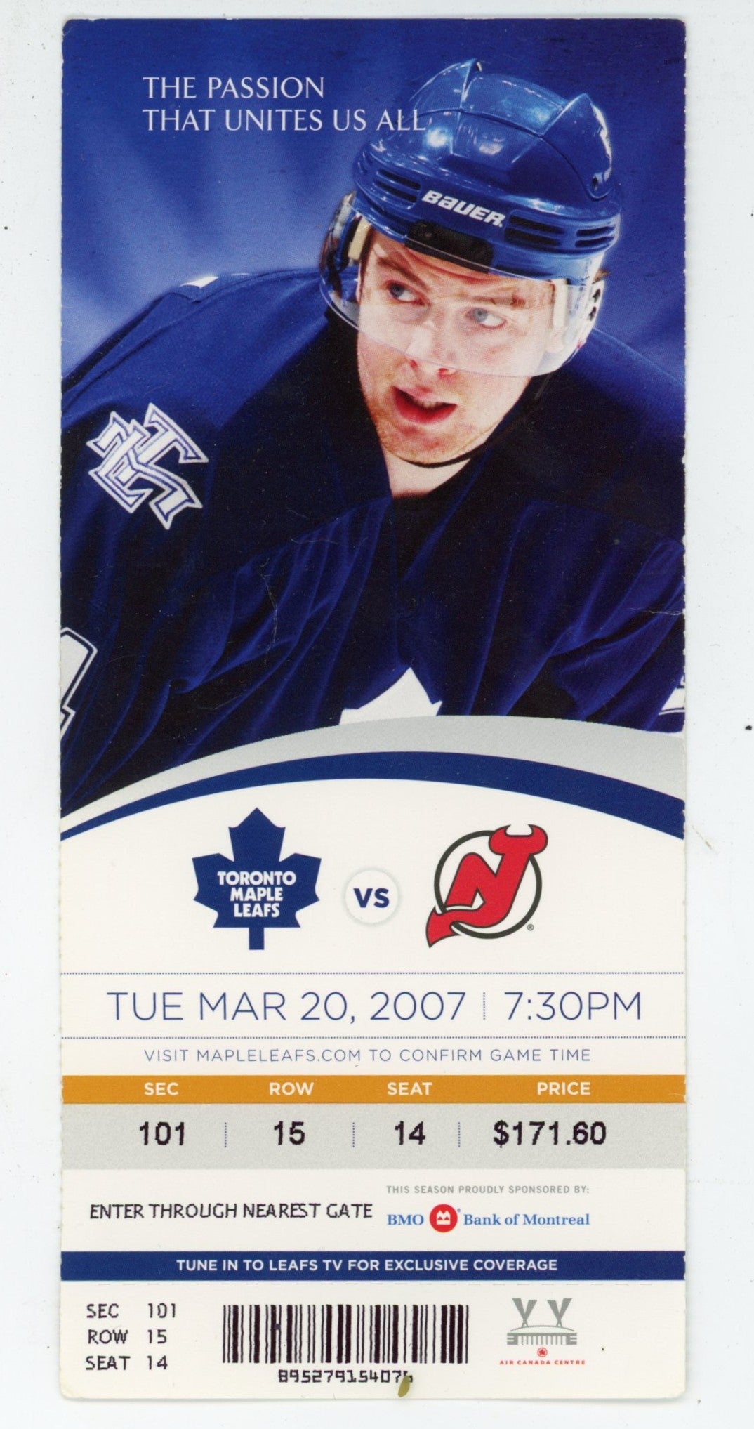 Toronto Maple Leafs vs. New Jersey Devils Vintage Ticket Stub Air Canada Centre (Toronto, 2007)