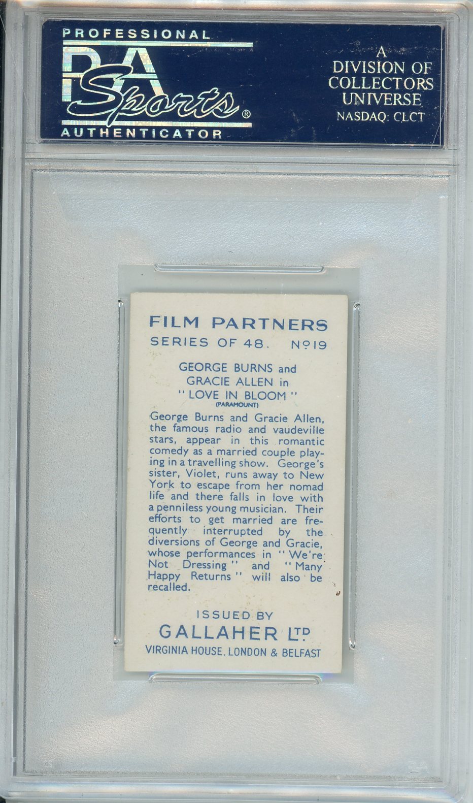 1935 Gallaher Ltd. George Burns/Gracie Allen Film Partners Graded Movie Card PSA 9