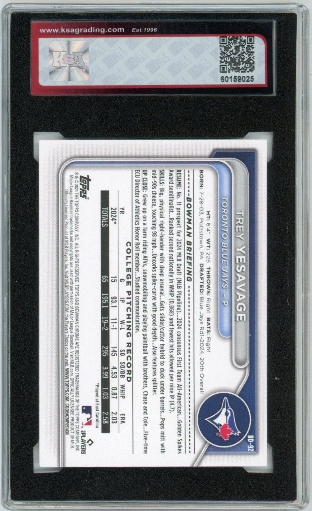 2024 1st Bowman Draft Trey Yesavage Graded Rookie Card #BD-92 KSA 8.5