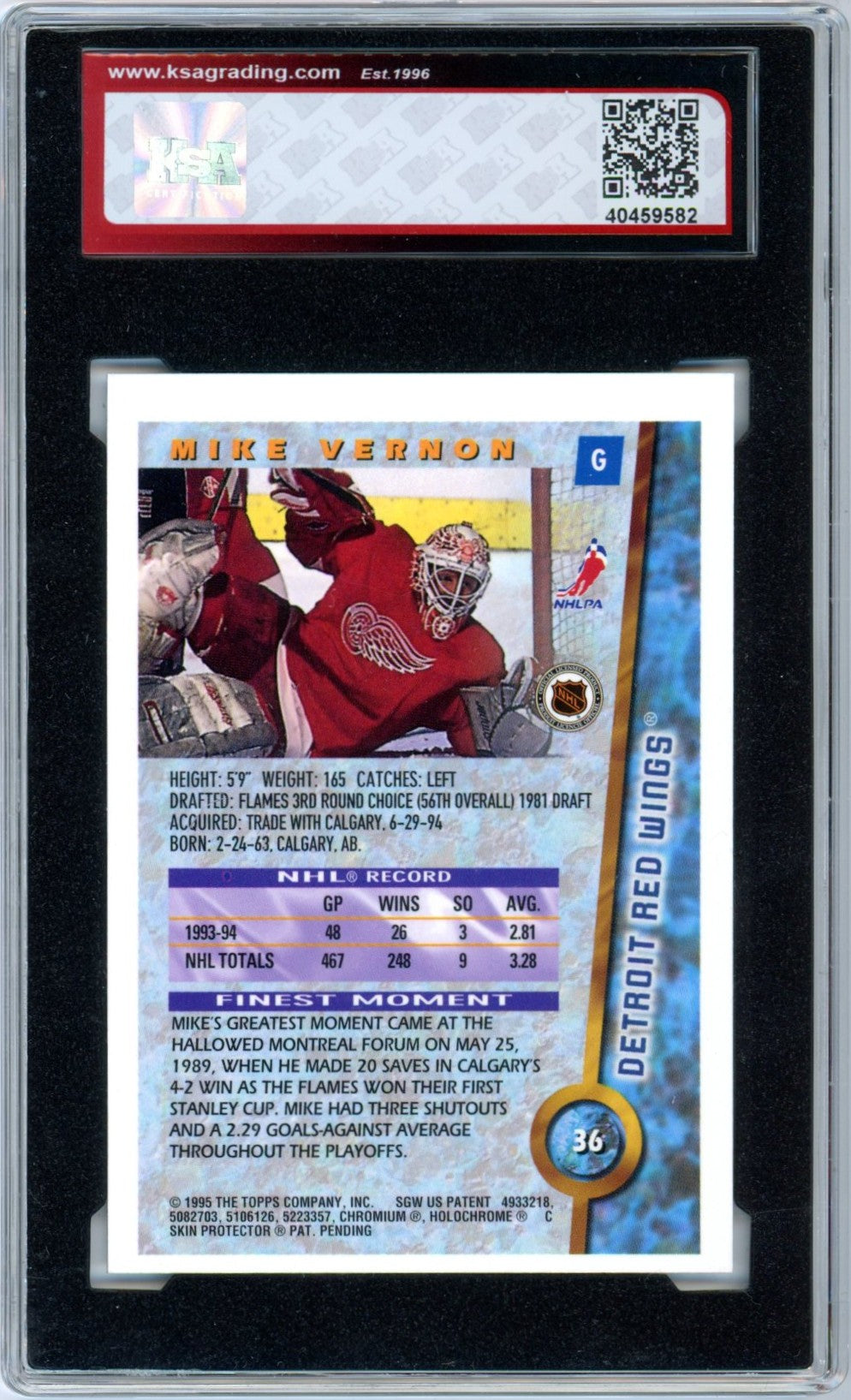 1994/95 Topps Finest Mike Vernon w/ Film #36 Graded Hockey Card KSA 8.5