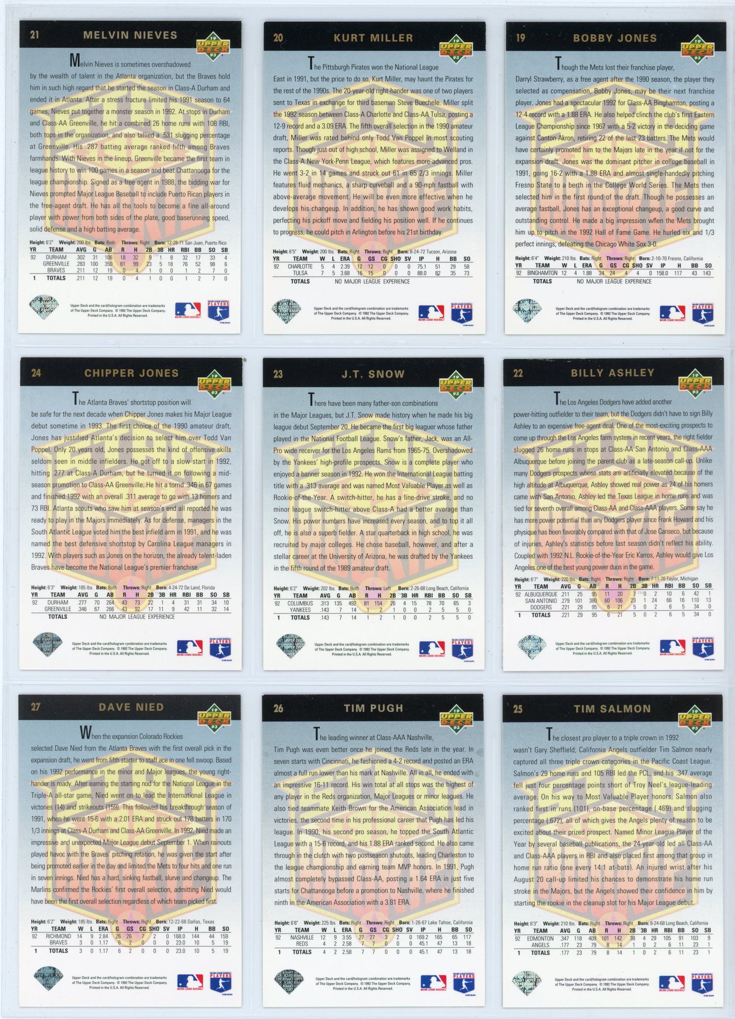 1993 Upper Deck MLB Baseball Card Complete Set (840 Cards)