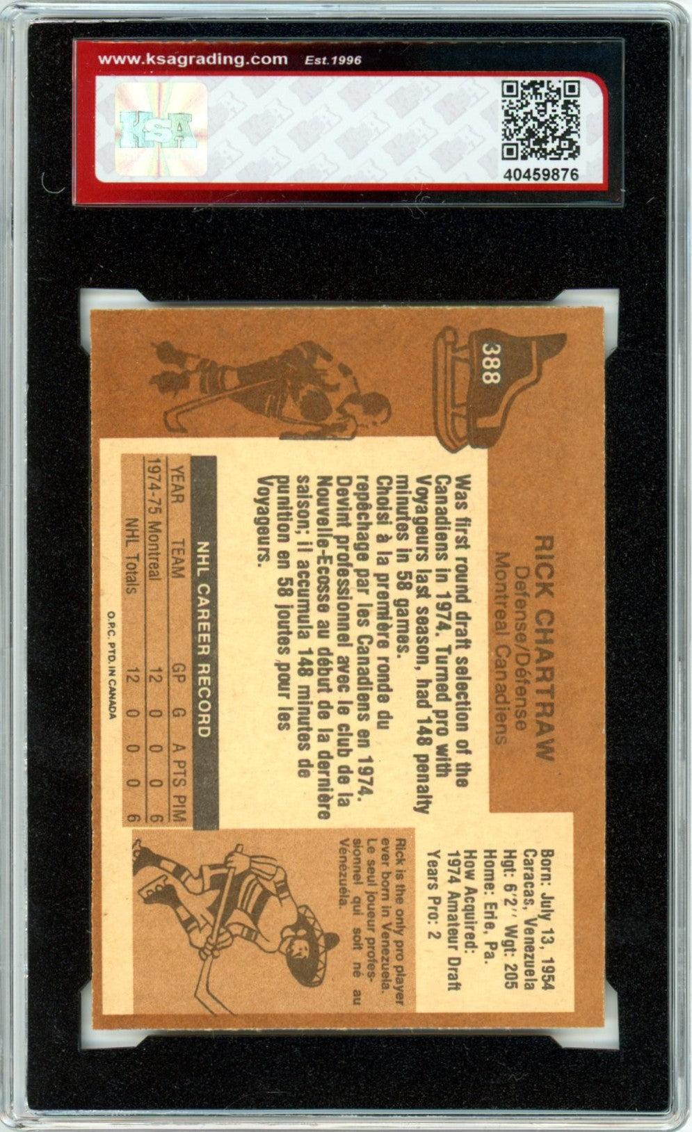 1975/76 OPC O-Pee-Chee Rick Chartraw #388 Graded Rookie Card KSA 8.5