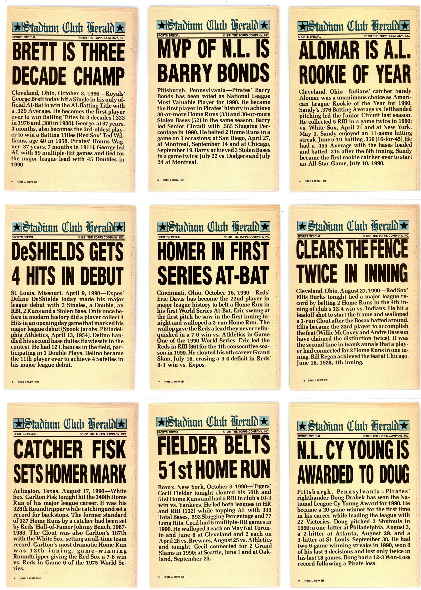 1991 Topps Stadium Club MLB Baseball Card Complete Set (600 Cards) + Charter Members *Baseball Only* (32 Cards)