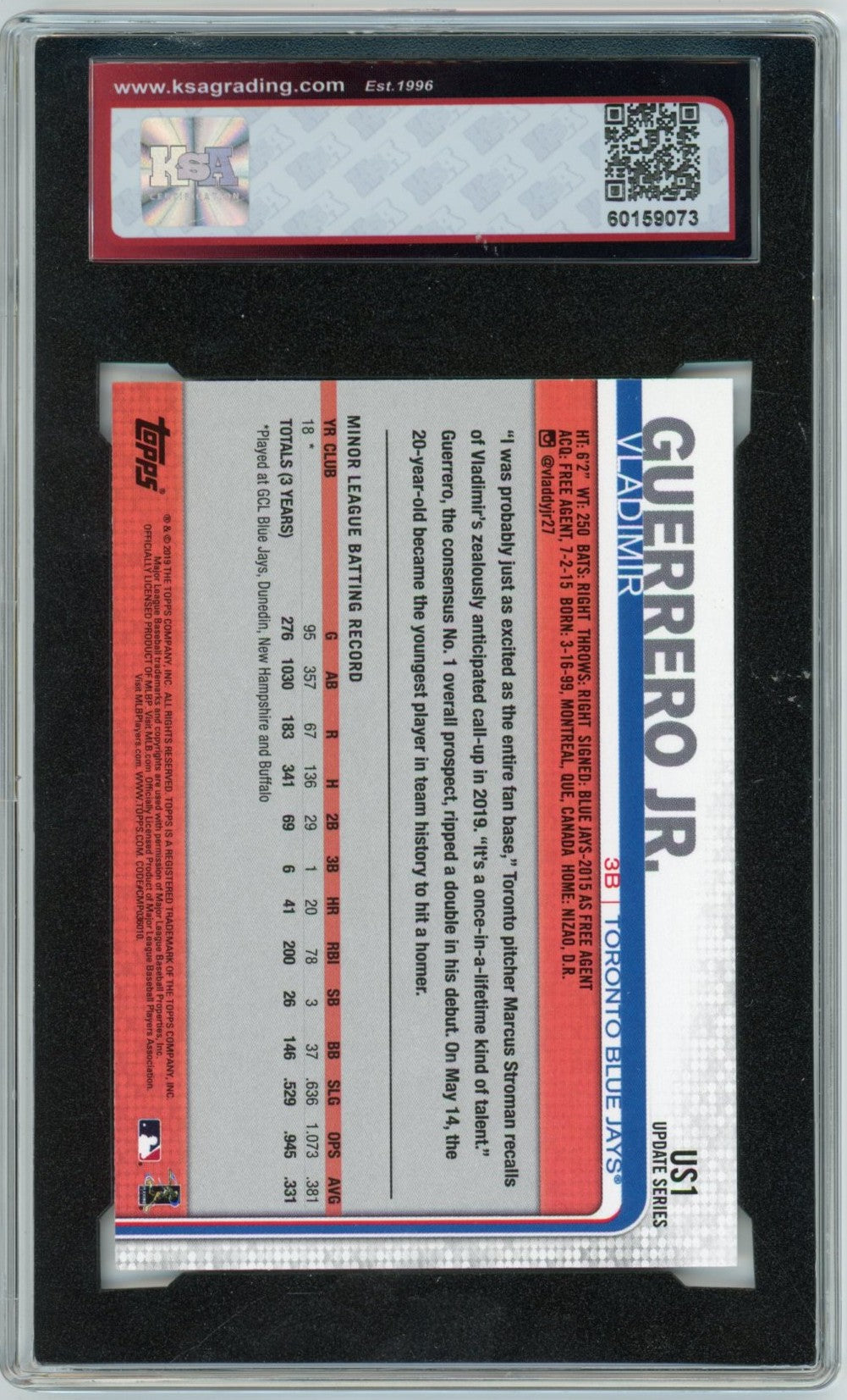 2019 Topps Update Vladimir Guerrero Jr. Graded Rookie Card #US1 KSA 9