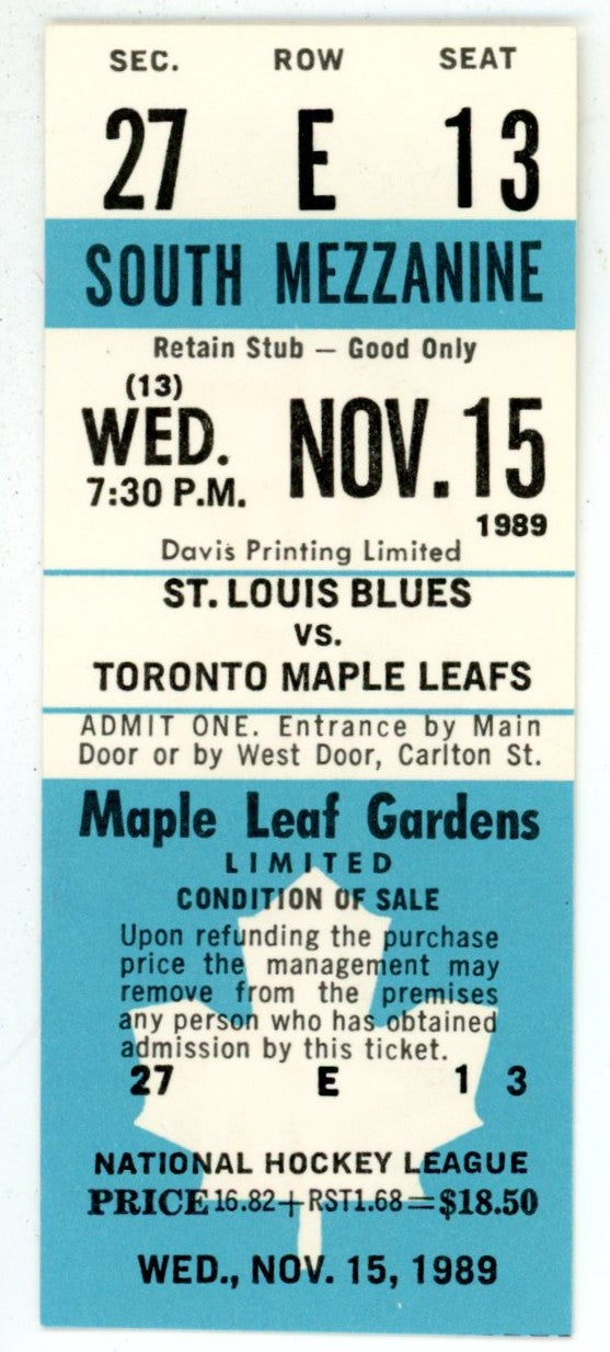 St. Louis Blues vs. Toronto Maple Leafs Unused Vintage Full Ticket Maple Leaf Gardens (Toronto, November 1989)
