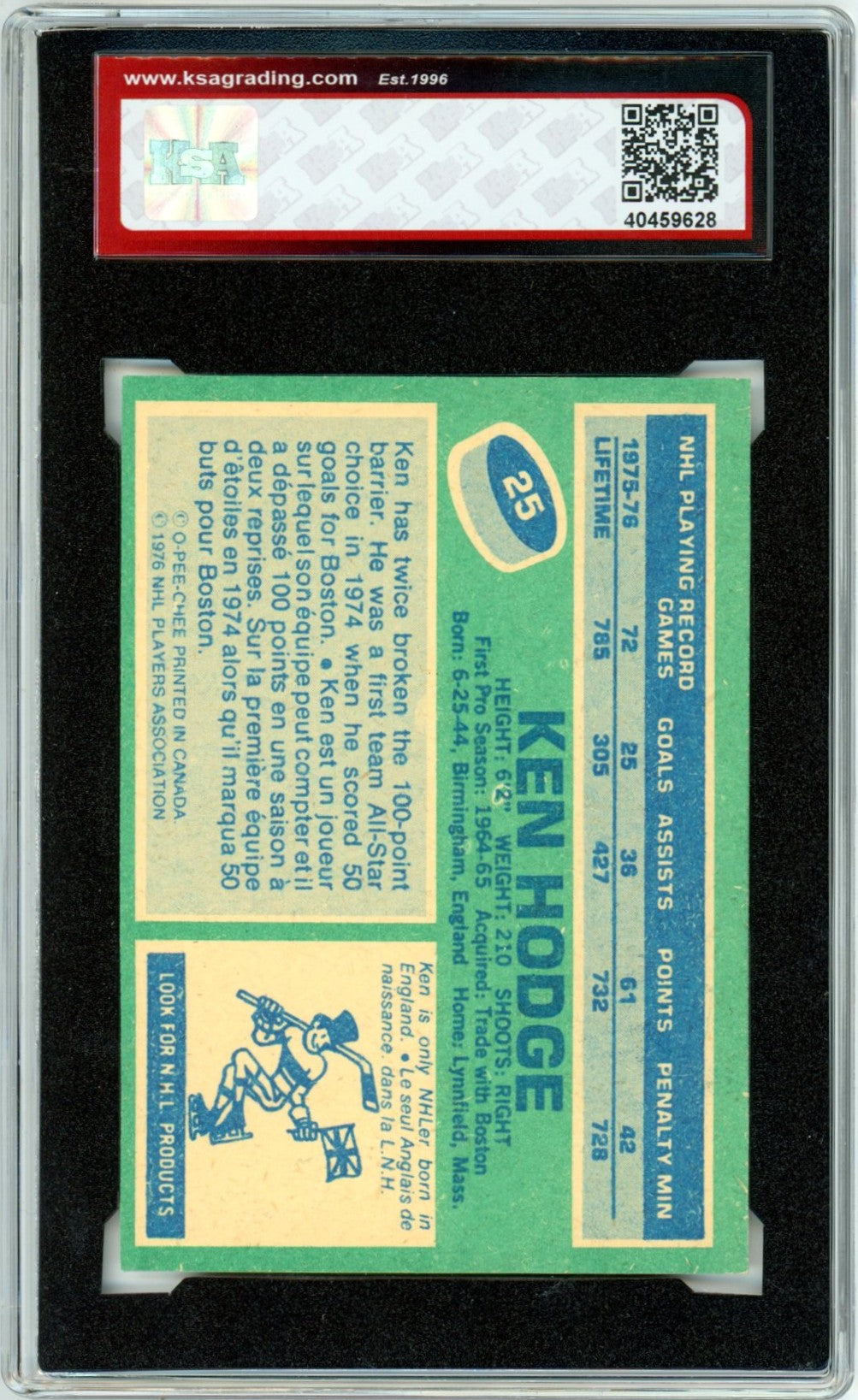 1976/77 OPC O-Pee-Chee Ken Hodge #25 Graded Hockey Card KSA 8.5