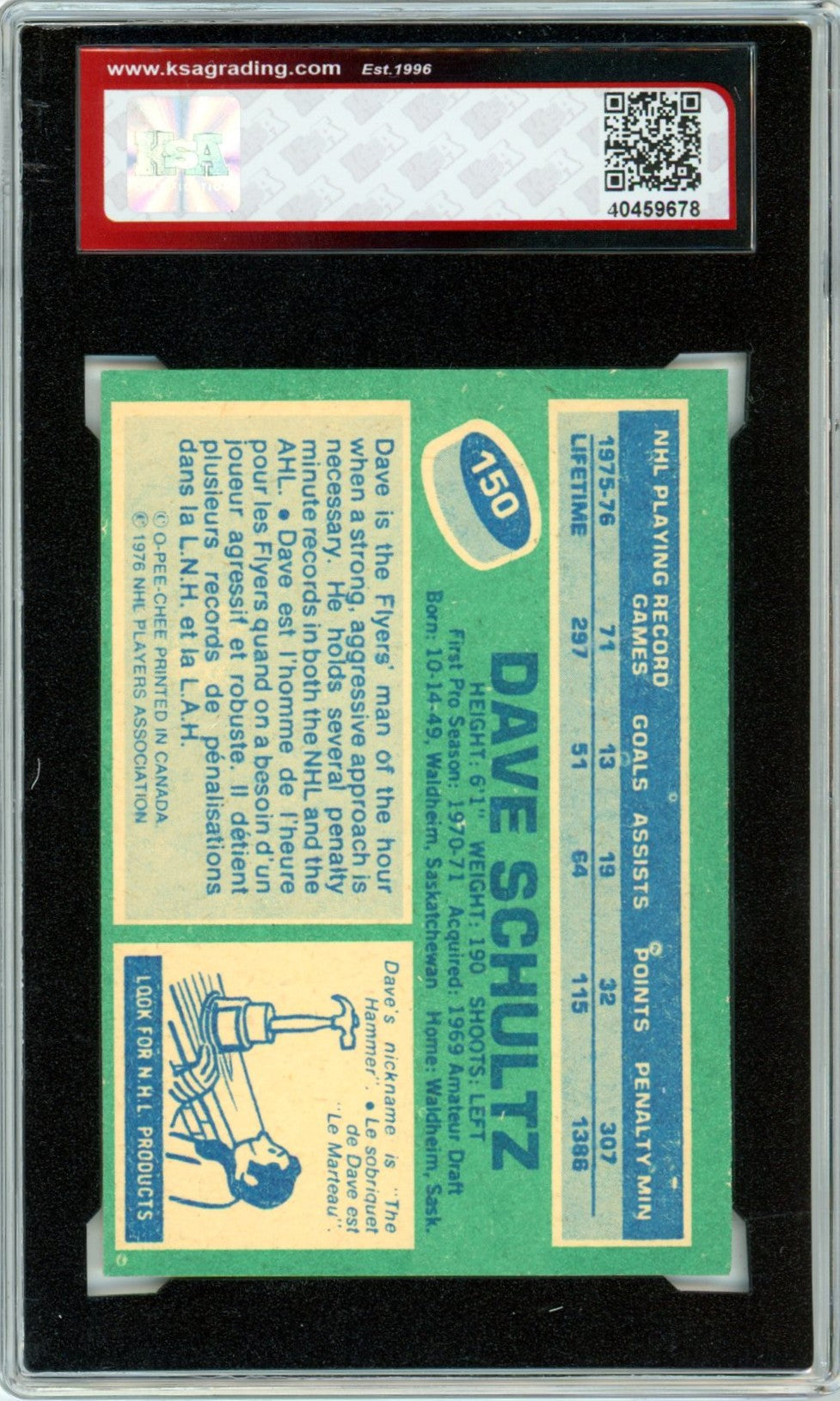 1976/77 OPC O-Pee-Chee Dave Schultz #150 Graded Hockey Card KSA 8.5