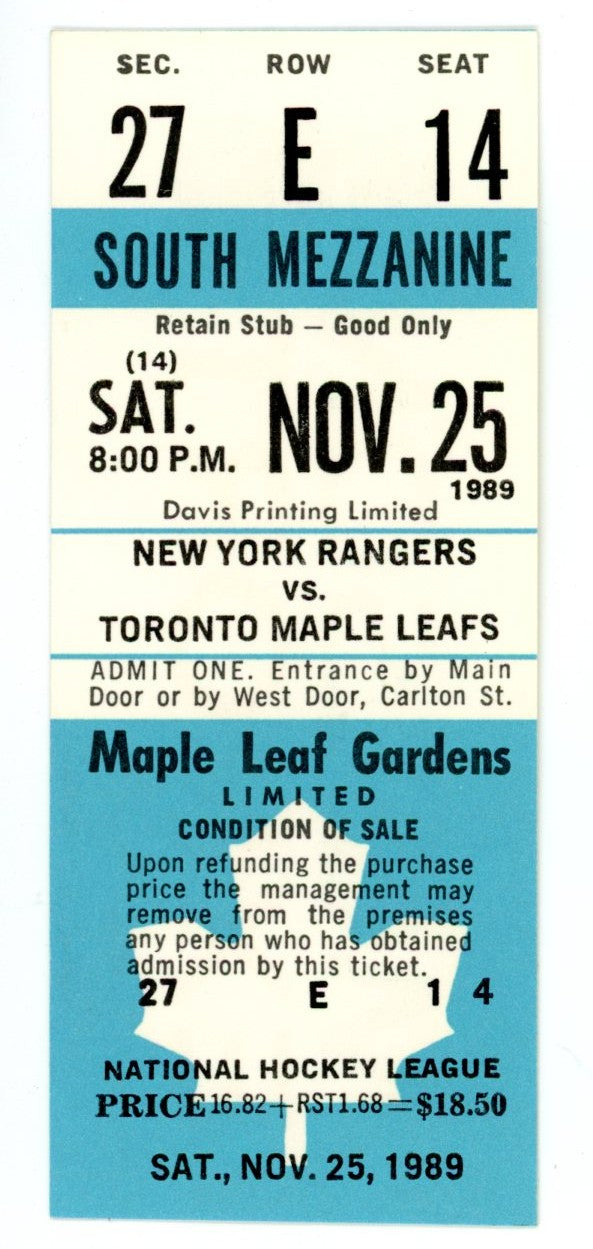 New York Rangers vs. Toronto Maple Leafs Unused Full Ticket Maple Leaf Gardens (Toronto, November 1989)
