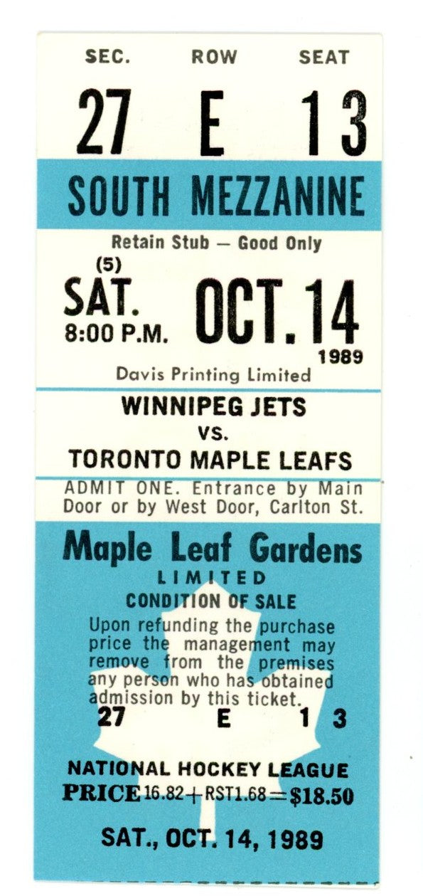 Winnipeg Jets vs. Toronto Maple Leafs Unused Vintage Full Ticket Maple Leaf Gardens (Toronto, October 1989)