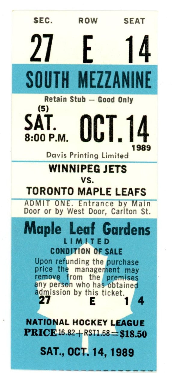 Winnipeg Jets vs. Toronto Maple Leafs Unused Full Ticket Maple Leaf Gardens (Toronto, October 1989)