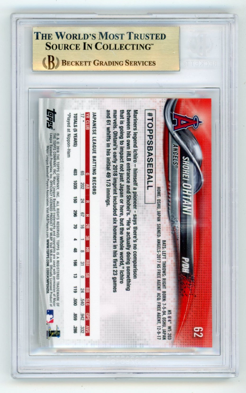 2018 Topps On Demand Shohei Ohtani 3D #62 Graded Rookie Card BGS 10 POP 42 Extremely Rare