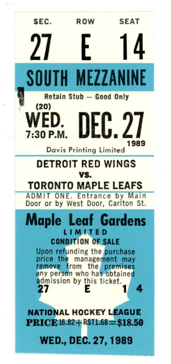 Detroit Red Wings vs. Toronto Maple Leafs Vintage Unused Full Ticket Maple Leaf Gardens (Toronto, December 1989)