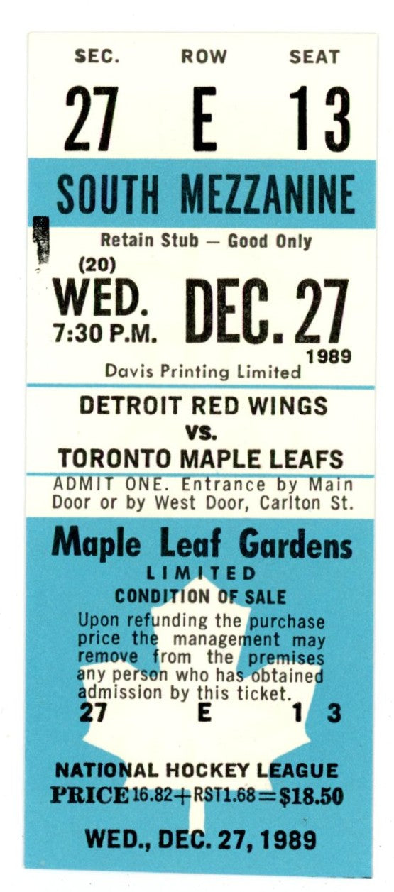 Detroit Red Wings vs. Toronto Maple Leafs Unused Full Ticket Maple Leaf Gardens (Toronto, December 1989)