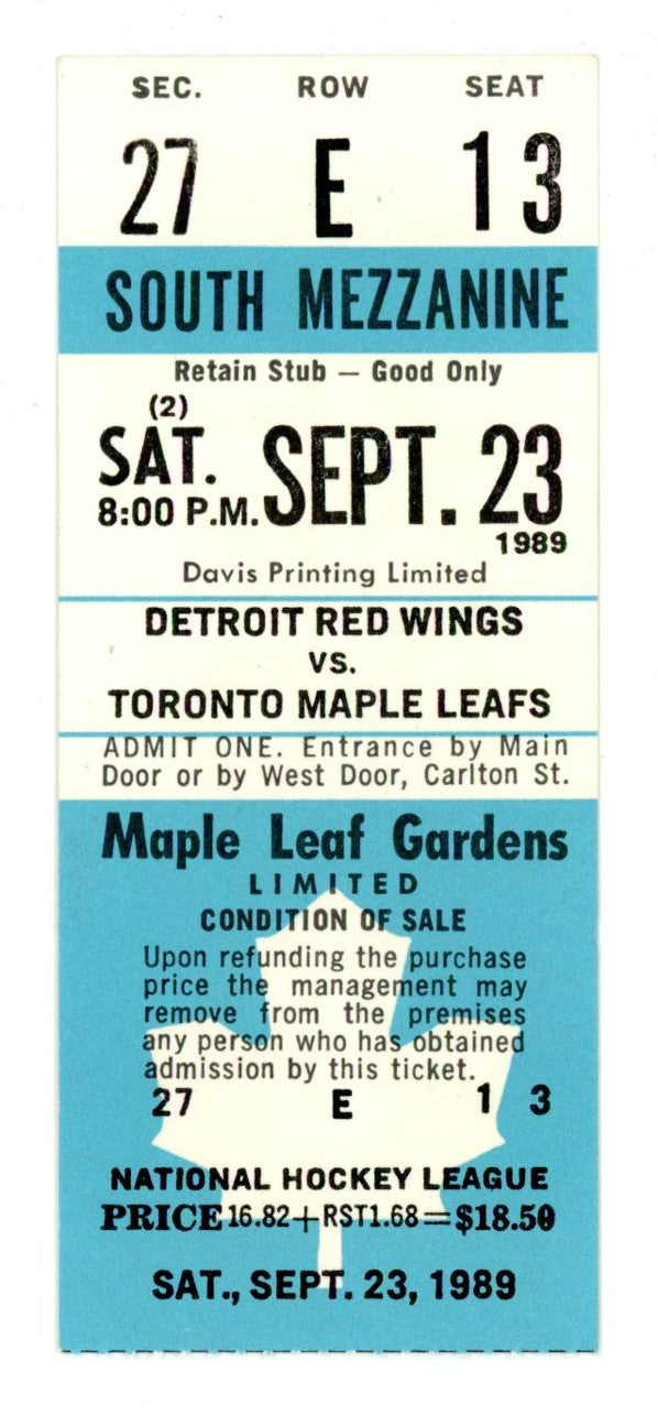 Detroit Red Wings vs. Toronto Maple Leafs Unused Full Ticket Maple Leaf Gardens (Toronto, September 1989)