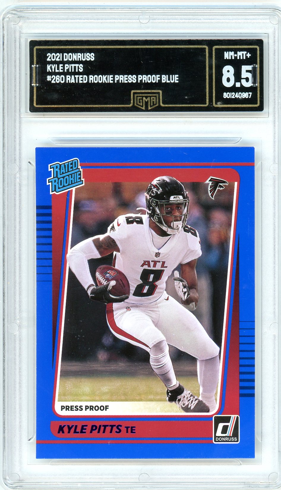 2021 Donruss Kyle Pitts Graded Rookie Card #260 Proof Blue GMA 8.5