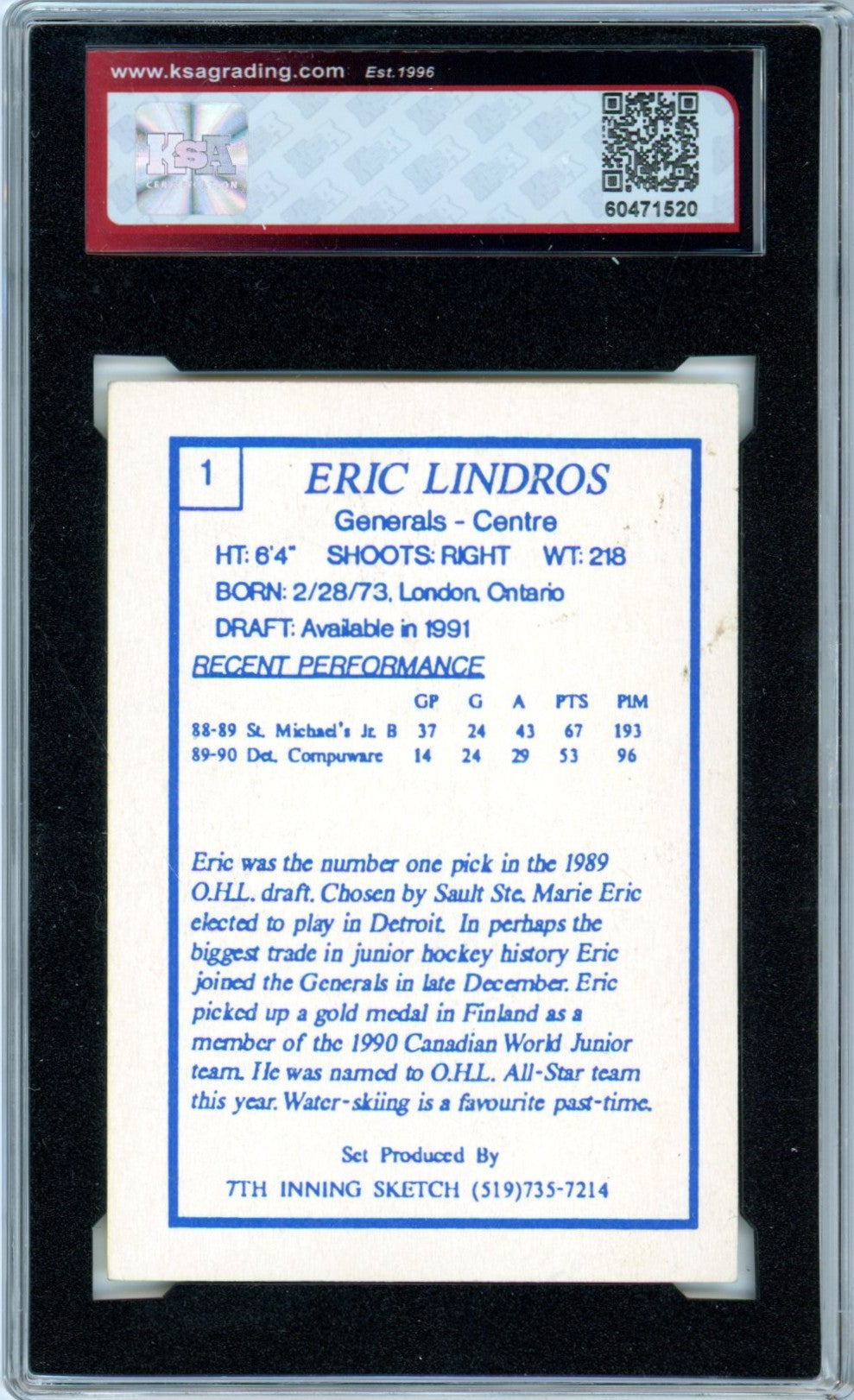 1989/90 7th Inning Sketch Eric Lindros #1 Graded Autograph Card KSA Authentic AUTO 8