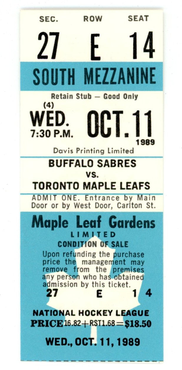 1989 Buffalo Sabres vs. Toronto Maple Leafs Unused Full Ticket – Maple Leaf Gardens (Oct 11, 1989)