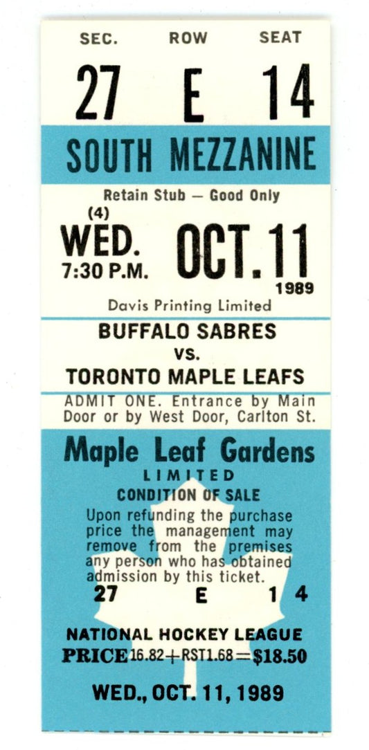 1989 Buffalo Sabres vs. Toronto Maple Leafs Unused Full Ticket – Maple Leaf Gardens (Oct 11, 1989)