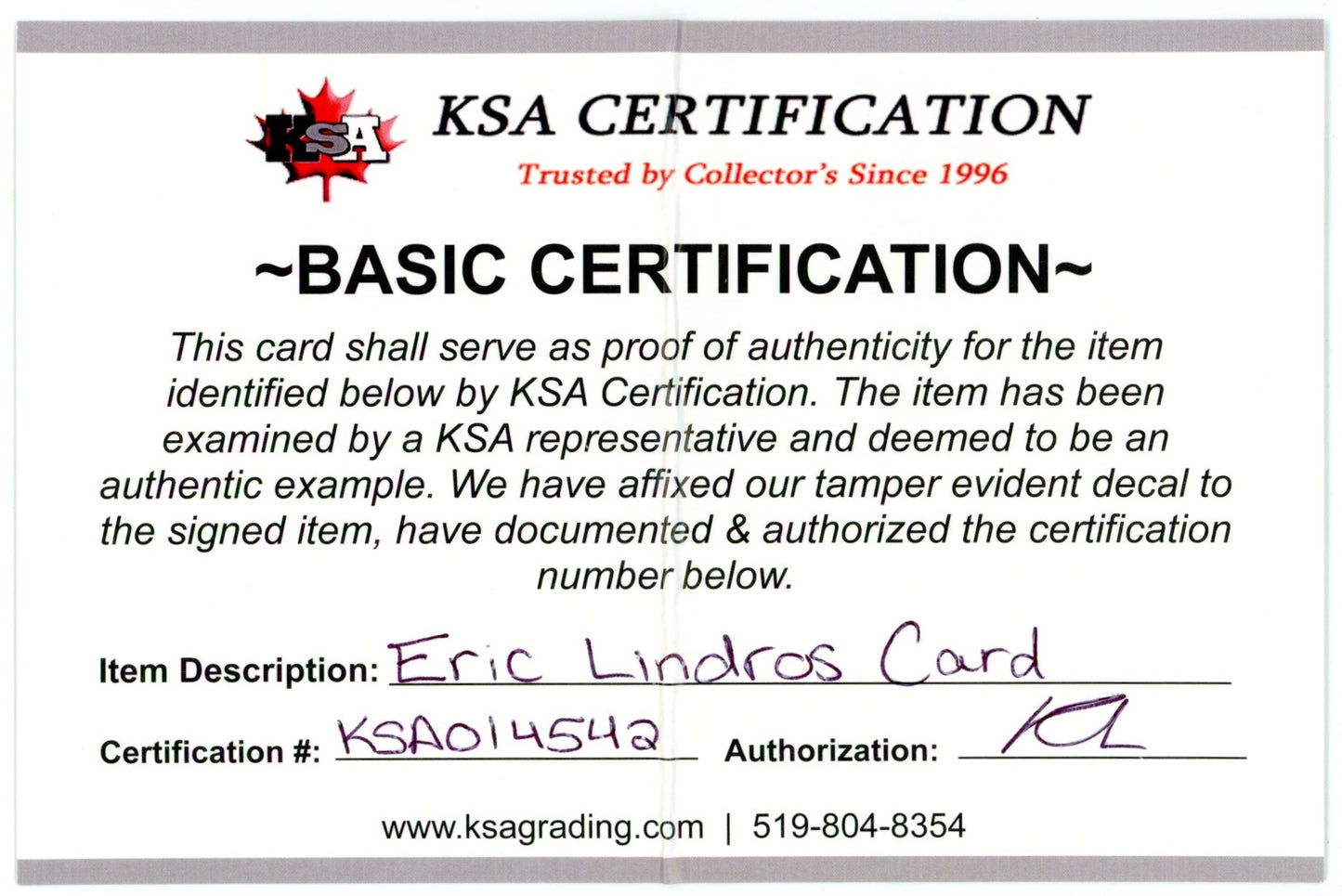 1989/90 7th Inning Sketch Eric Lindros #1 Graded Autograph Card KSA Authentic AUTO 8