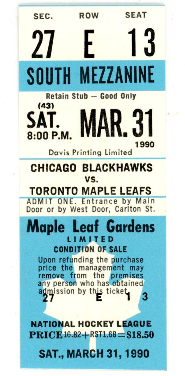 Chicago Blackhawks vs. Toronto Maple Leafs Unused Full Ticket – Maple Leaf Gardens (March 31, 1990)