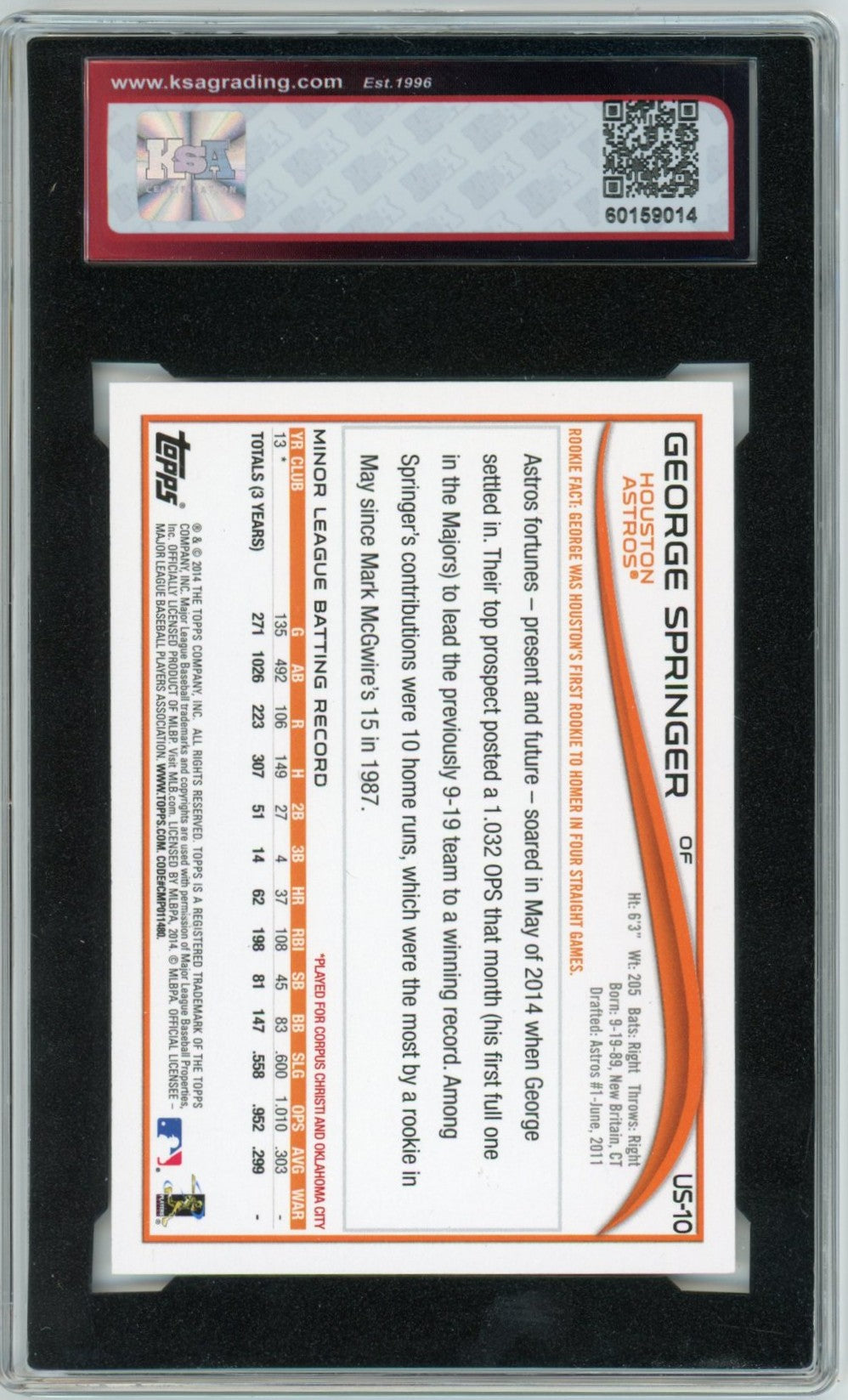 2014 Topps Update George Springer Graded Rookie Card #US10 KSA 8.5