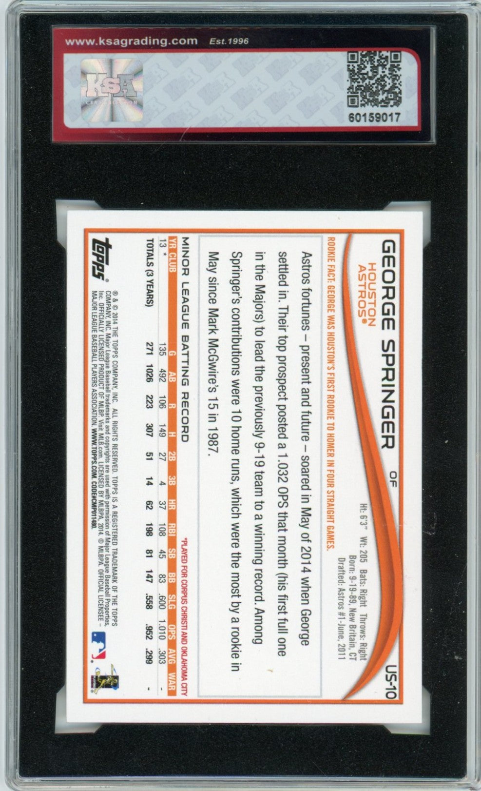 2014 Topps Update George Springer Graded Rookie Card #US10 KSA 9
