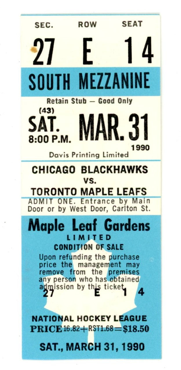 Chicago Blackhawks vs. Toronto Maple Leafs Unused Full Ticket – Maple Leaf Gardens (March 31, 1990)