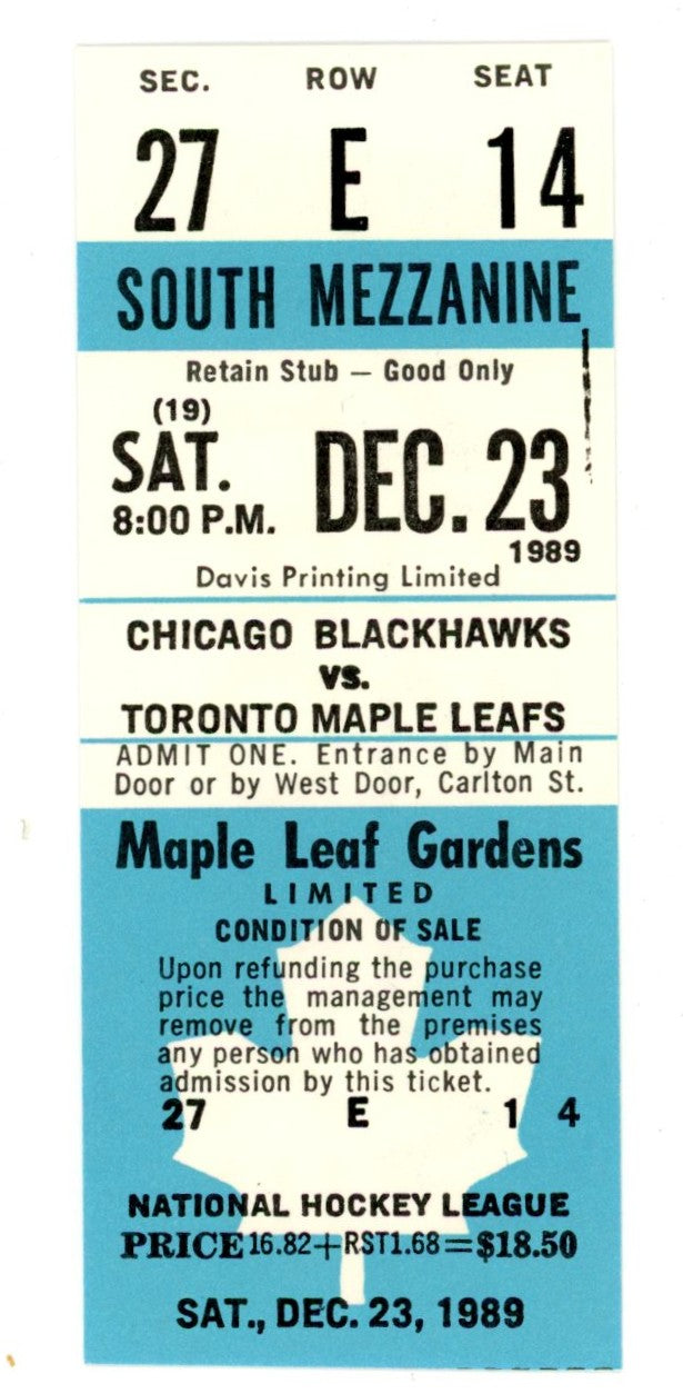 1989 Chicago Blackhawks vs. Toronto Maple Leafs Unused Full Ticket – Maple Leaf Gardens (Dec 23, 1989)