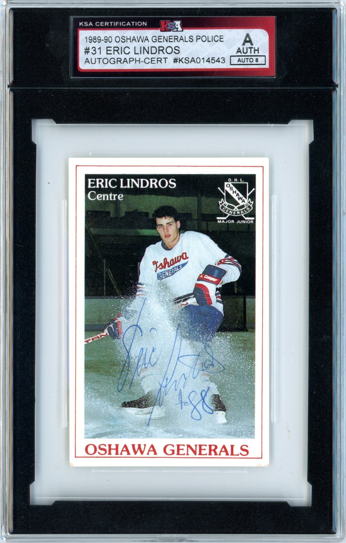 1989/90 Oshawa Generals Police Eric Lindros #31 Oversize Graded Autograph Card KSA Authentic AUTO 8