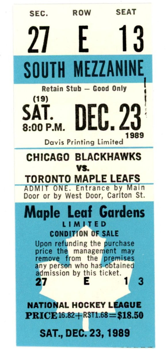 1989 Chicago Blackhawks vs. Toronto Maple Leafs Unused Full Ticket – Maple Leaf Gardens (Dec 23, 1989)