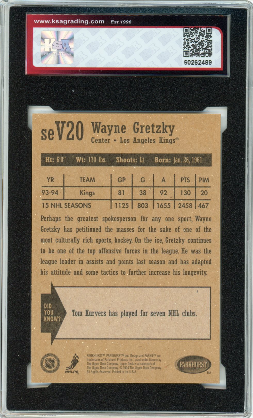 1994/95 Parkhurst SE Wayne Gretzky Vintage Graded Card #SEV20 KSA 9