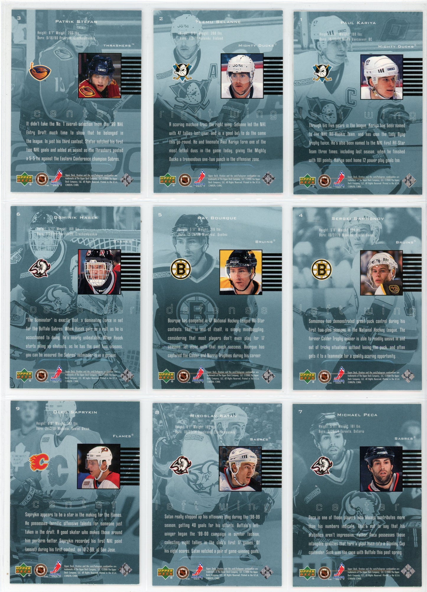 1999/2000 Upper Deck Ovation Standing Ovation NHL Hockey Card Short Set (60 Cards)