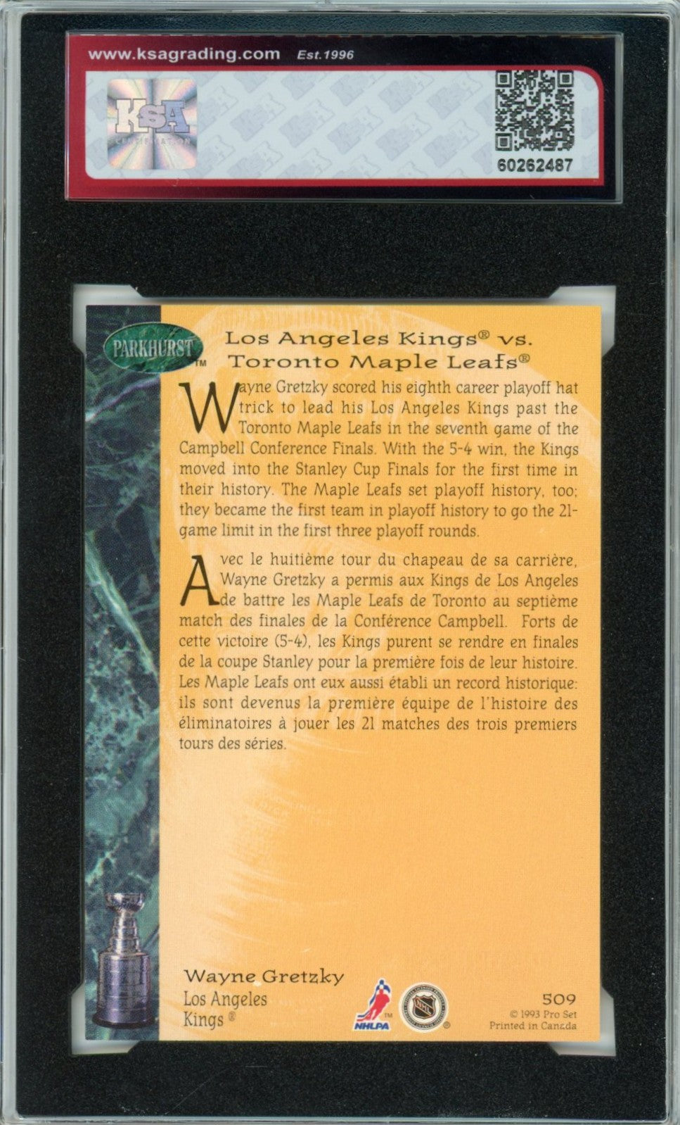 1992/93 Parkhurst Wayne Gretzky Playoffs Emerald Ice Graded Card #509 KSA 10 Gem Mint