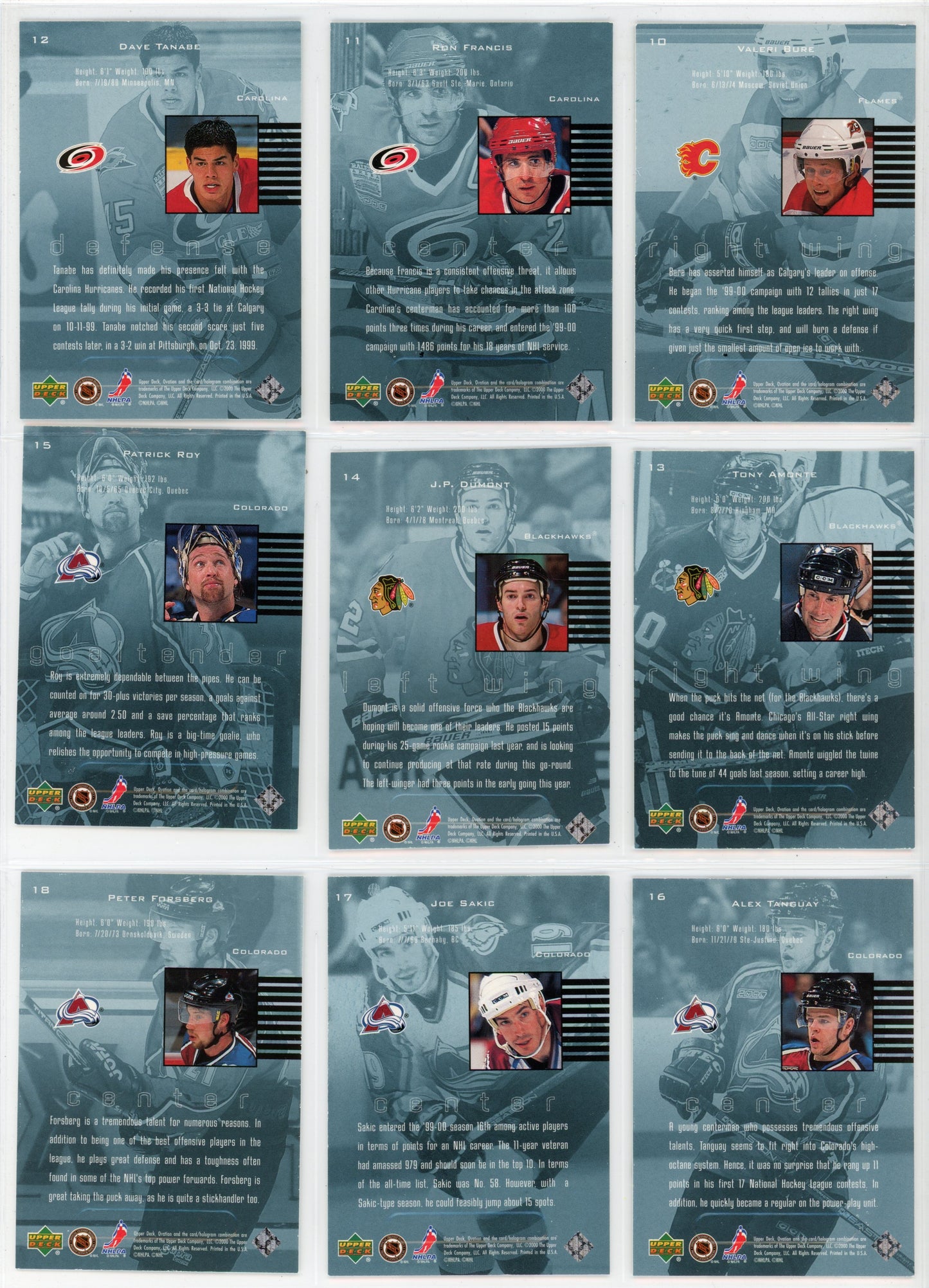 1999/2000 Upper Deck Ovation Standing Ovation NHL Hockey Card Short Set (60 Cards)