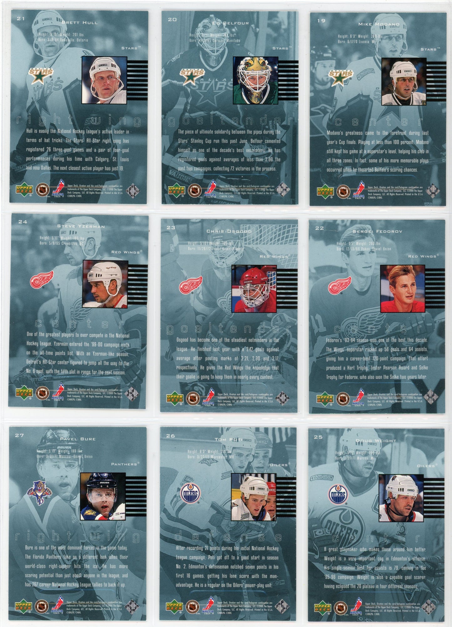 1999/2000 Upper Deck Ovation Standing Ovation NHL Hockey Card Short Set (60 Cards)