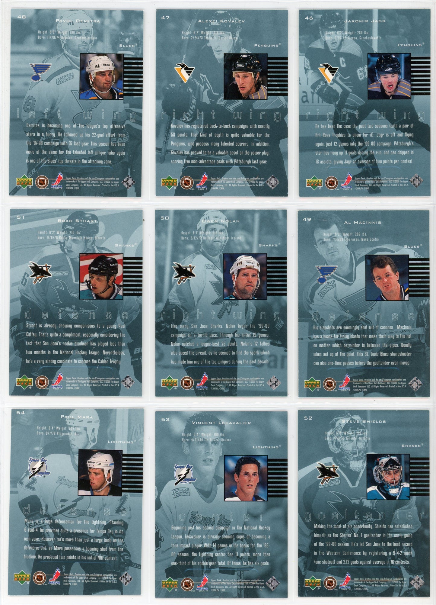 1999/2000 Upper Deck Ovation Standing Ovation NHL Hockey Card Short Set (60 Cards)