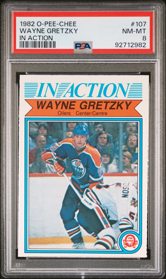 1982/83 OPC O-Pee-Chee Wayne Gretzky In Action Card #107 PSA 8 HOF