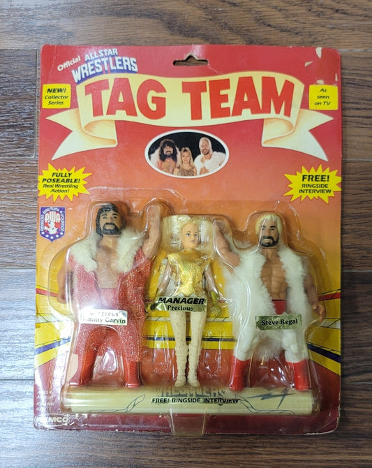 1985 Remko AWA Tag Team Wrestling Figures Steve Regal, Jimmy Garvin, Precious