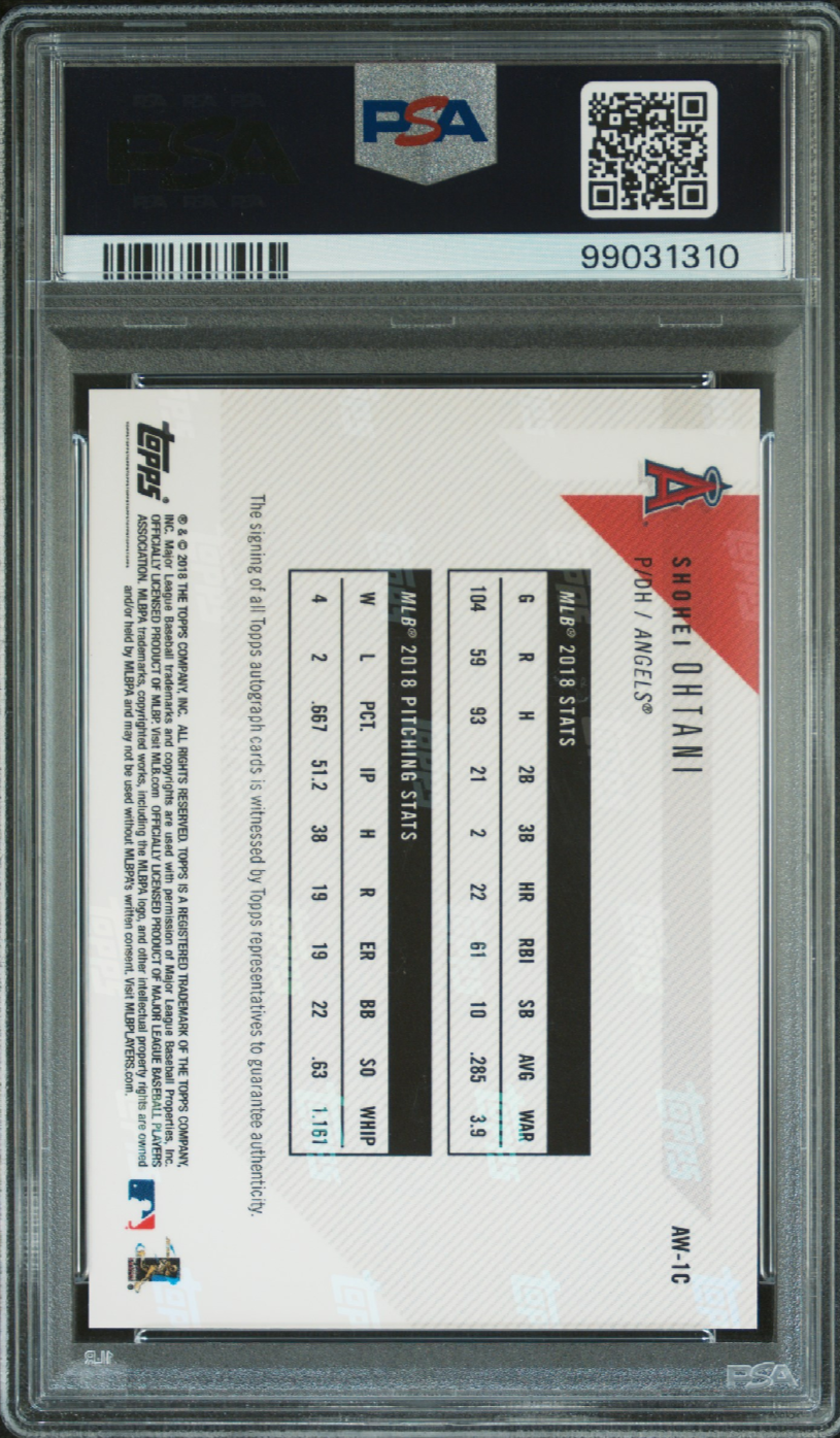 2018 Topps Now Shohei Ohtani Rookie of the Year Purple Parallel Autograph /25 #AW-1C – PSA 8 / AUTO 9