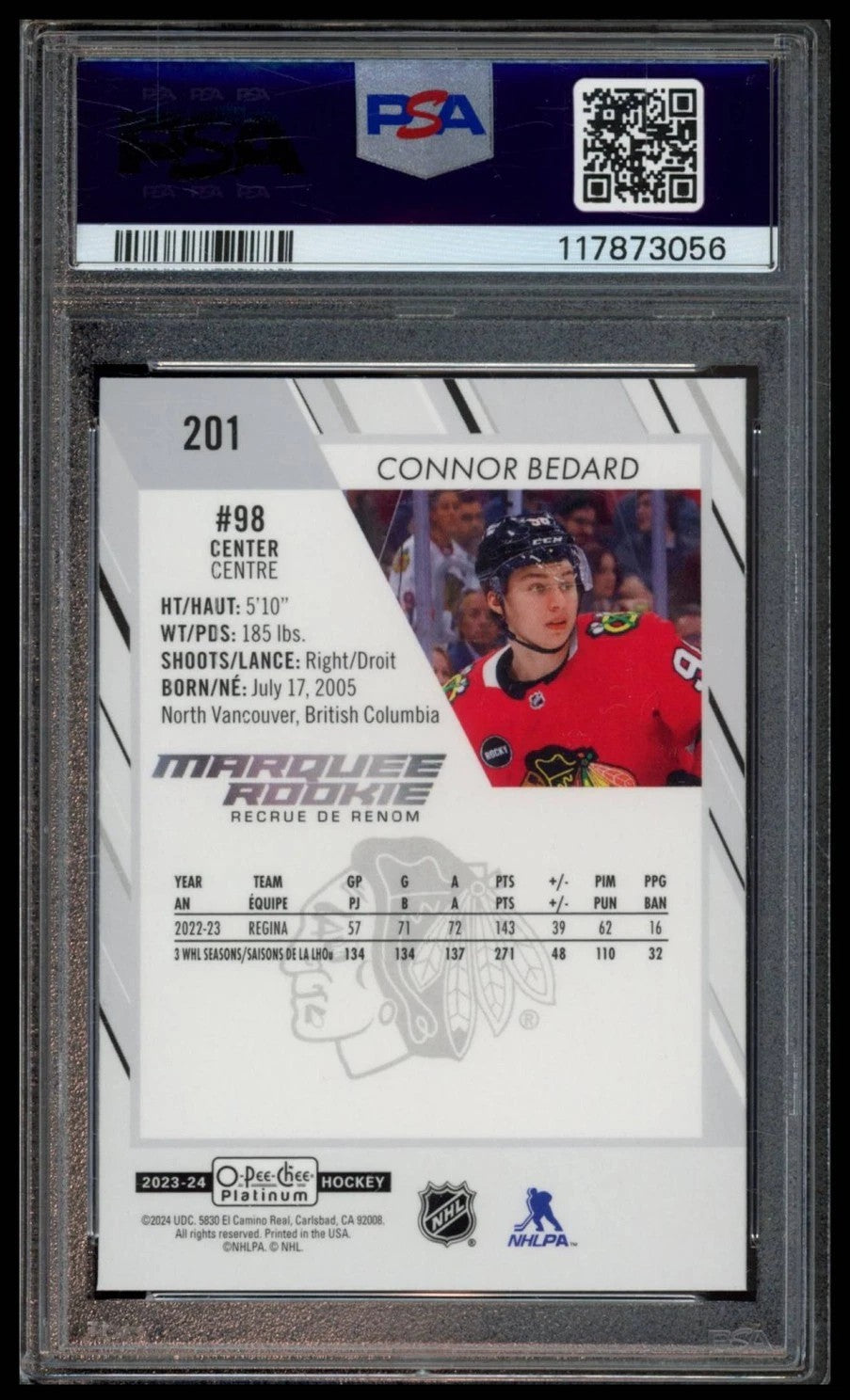 2023 OPC O-Pee-Chee Platinum #201 Connor Bedard Graded Rookie Card PSA 10