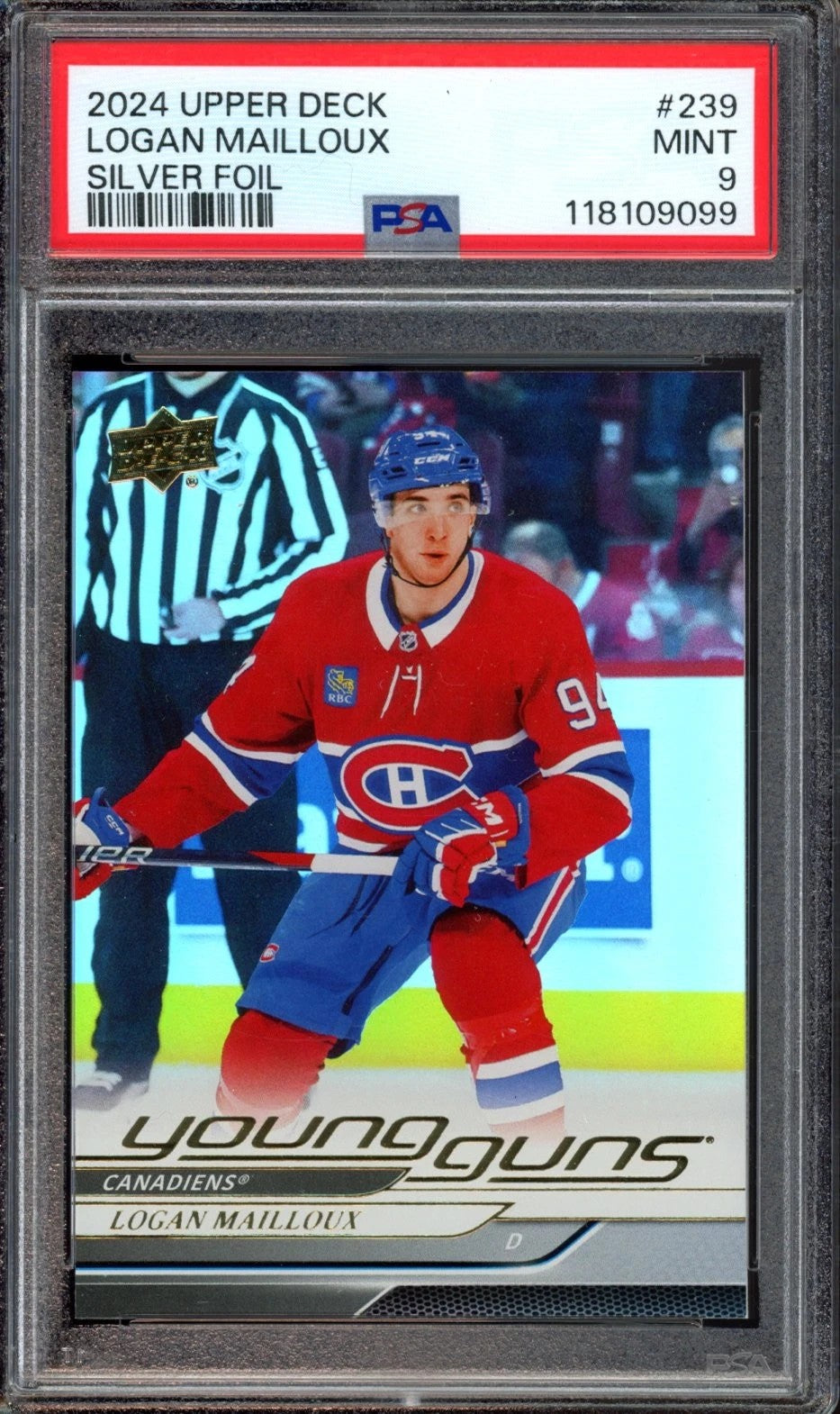 2024 Upper Deck Logan Mailloux Silver Foil Young Guns Rookie Card #239 PSA 9