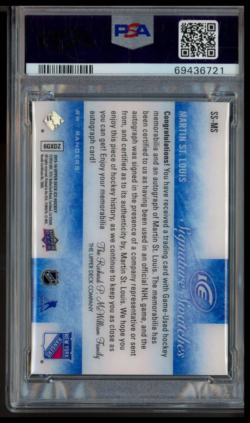 2015 Upper Deck Ice Martin St. Louis Signature Swatches Graded Jersey Auto PSA 9 POP 1