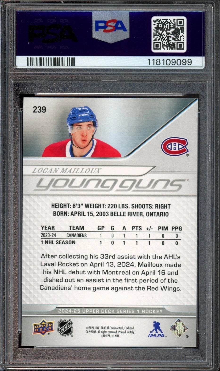 2024 Upper Deck Logan Mailloux Silver Foil Young Guns Rookie Card #239 PSA 9