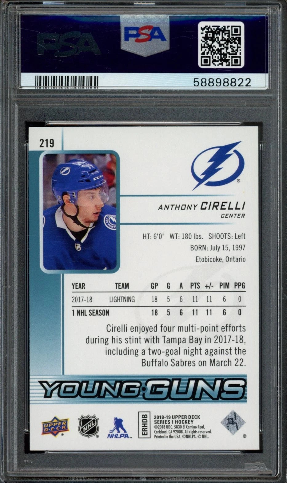 2018 Upper Deck Anthony Cirelli Young Guns Graded Rookie Card #219 PSA 10