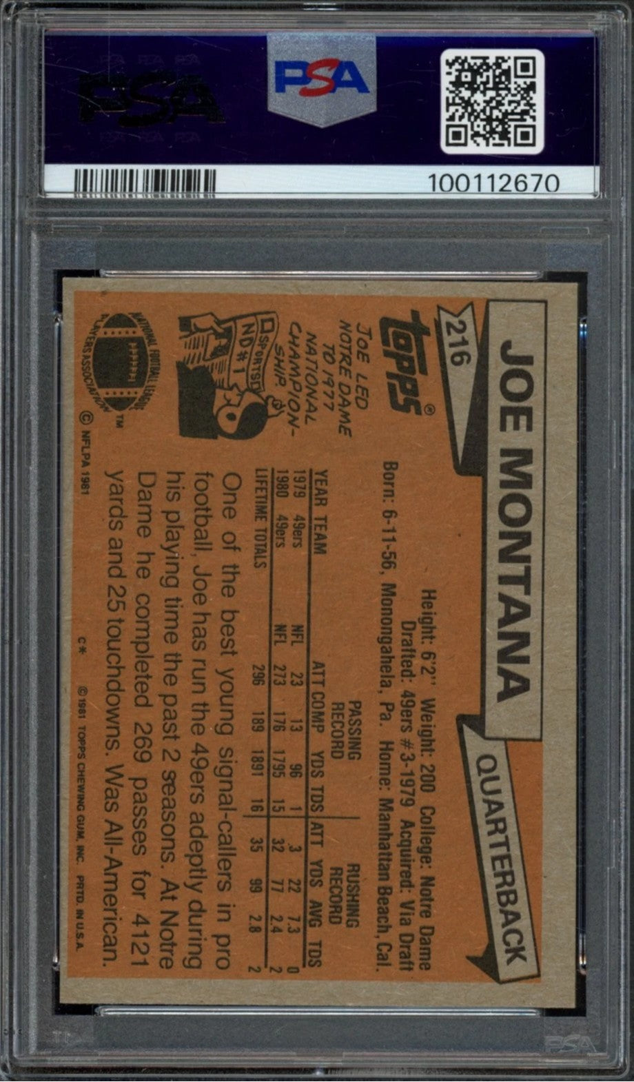 1981 Topps Joe Montana Graded Rookie Card #216 PSA 7