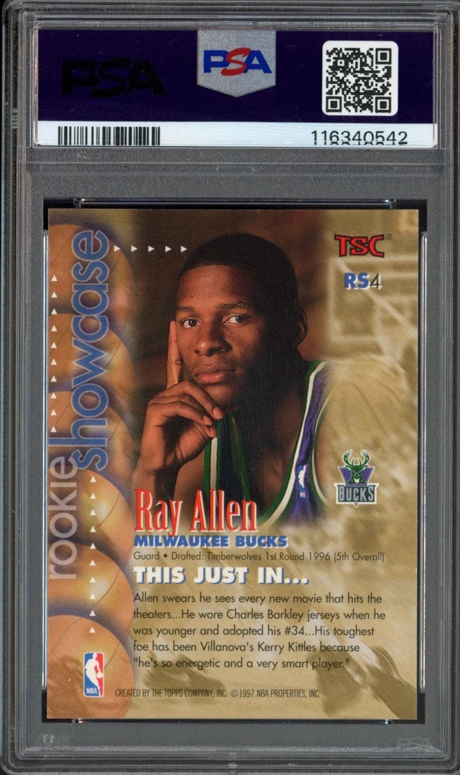 1996 Topps Stadium Club Ray Allen Rookie Showcase Graded Card #RS4 PSA 8