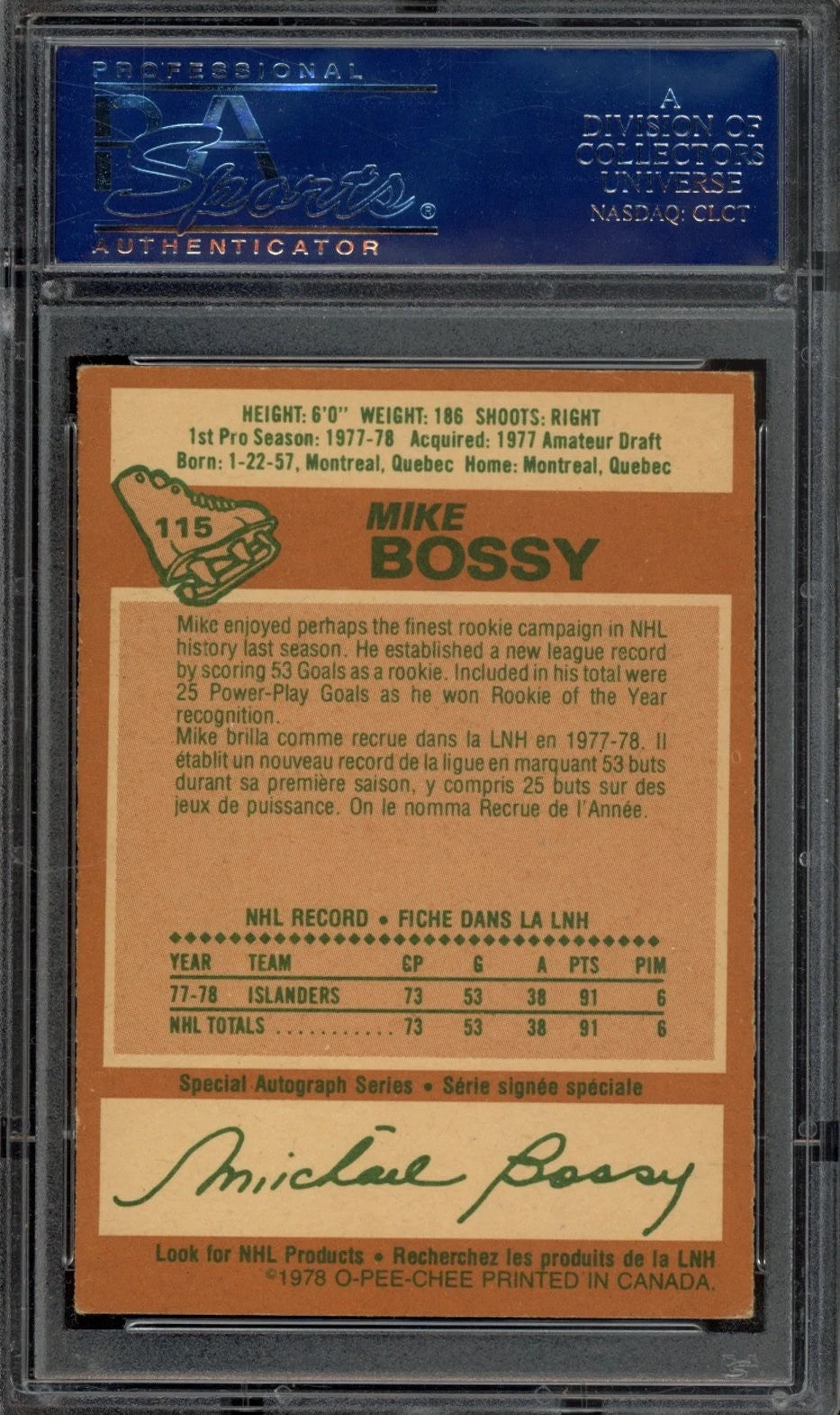 1978 OPC O-Pee-Chee #115 Mike Bossy Rookie Card PSA 5