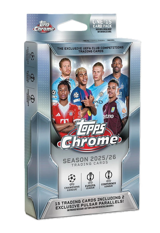 2025/26 Topps Chrome UEFA Soccer Trading Card Hanger Box (15 Cards)